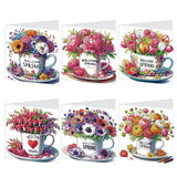 6pcs Diamond Painting Kit Greeting Card, Flower Mug 5D DIY Diamond Handmade Holiday Greeting Card with Envelope, Christmas Gift Congratulation
