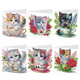 6pcs Diamond Art Painting Kit Greeting Card, Coffee Mug Cat 5D DIY Special Shape Diamond Greeting Card Creative Gift, Christmas Thanksgiving Greeting Card Congratulation