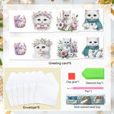 6pcs Diamond Painting Kit Greeting Card, White Cat 5D DIY Diamond Handmade Holiday Greeting Card with Envelope, Christmas Gift Congratulation