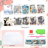 8 pcs Diamond Art Painted Greeting Card, Halloween Kitten Christmas Puppy 5D DIY Special Shape Diamond Card Creative Gift, Christmas Thanksgiving Greeting Card Congratulation