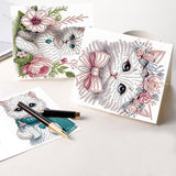 6pcs Diamond Painting Kit Greeting Card, White Cat 5D DIY Diamond Handmade Holiday Greeting Card with Envelope, Christmas Gift Congratulation