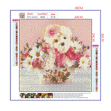Full Diamond Painting kit - White rose dog on flower basket